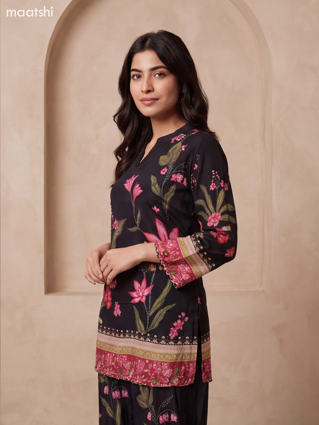 Black and Pink Crepe Silk Floral Prints & Embroidery Work Short Co Ord Set