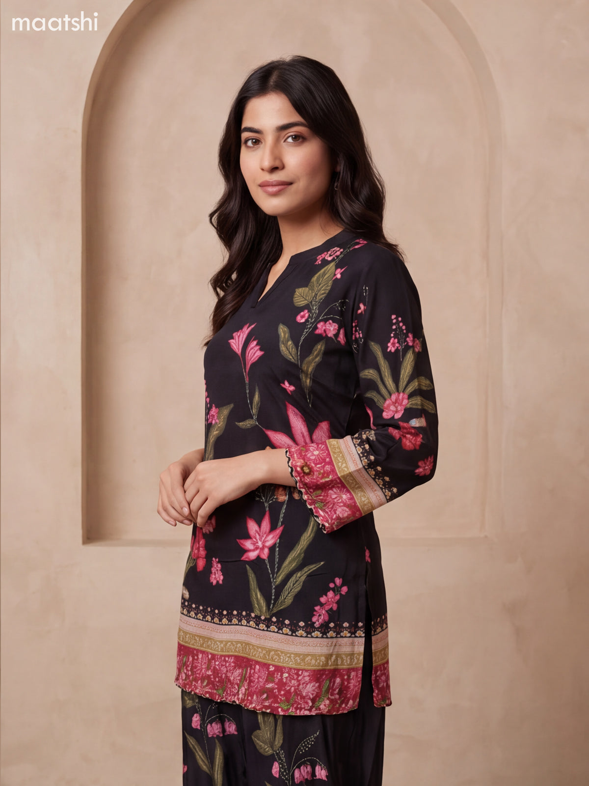 Black and Pink Crepe Silk Floral Prints & Embroidery Work Short Co Ord Set