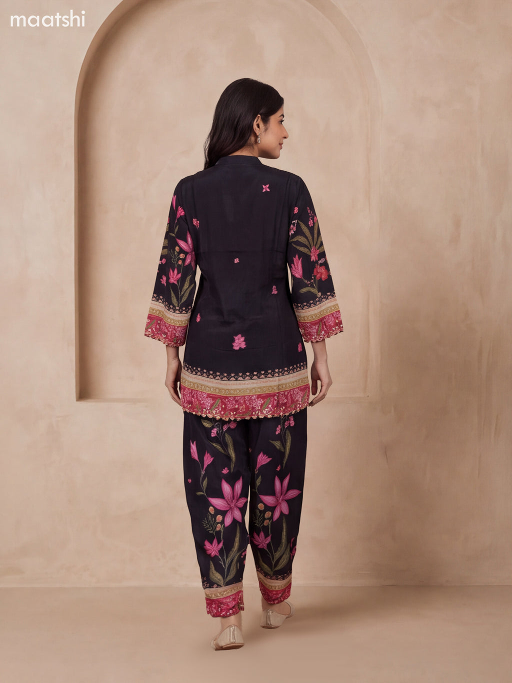 Black and Pink Crepe Silk Floral Prints & Embroidery Work Short Co Ord Set