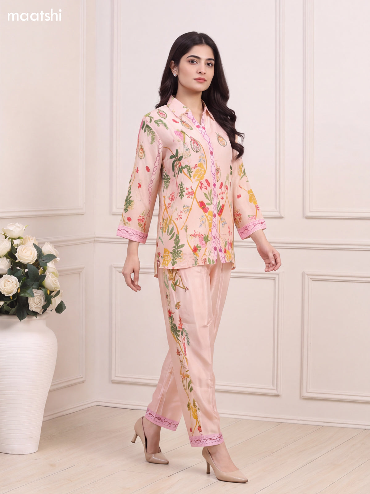 Cream and Multi Color Crepe Silk Floral Prints & Embroidery Work Short Co Ord Set