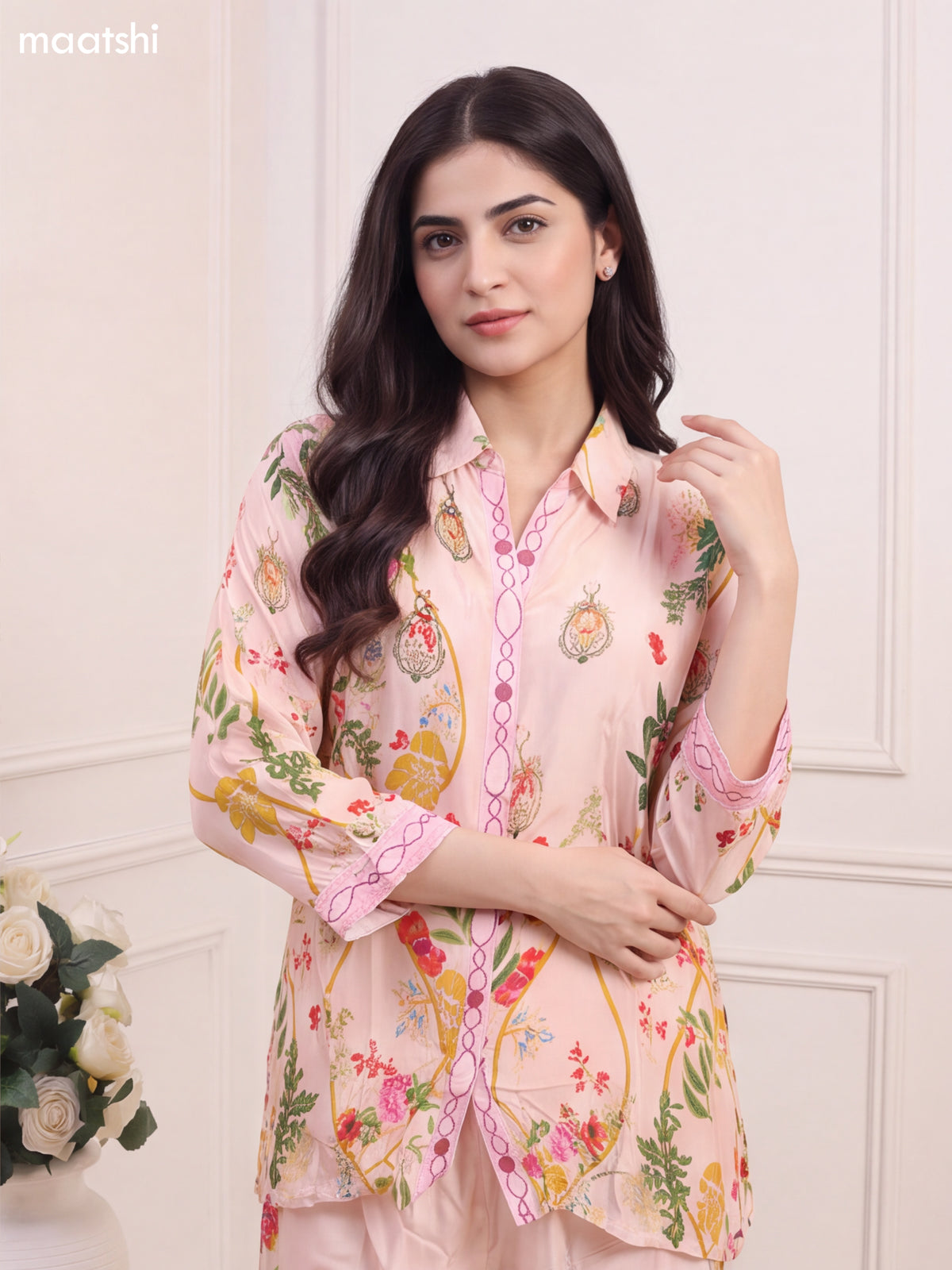 Cream and Multi Color Crepe Silk Floral Prints & Embroidery Work Short Co Ord Set