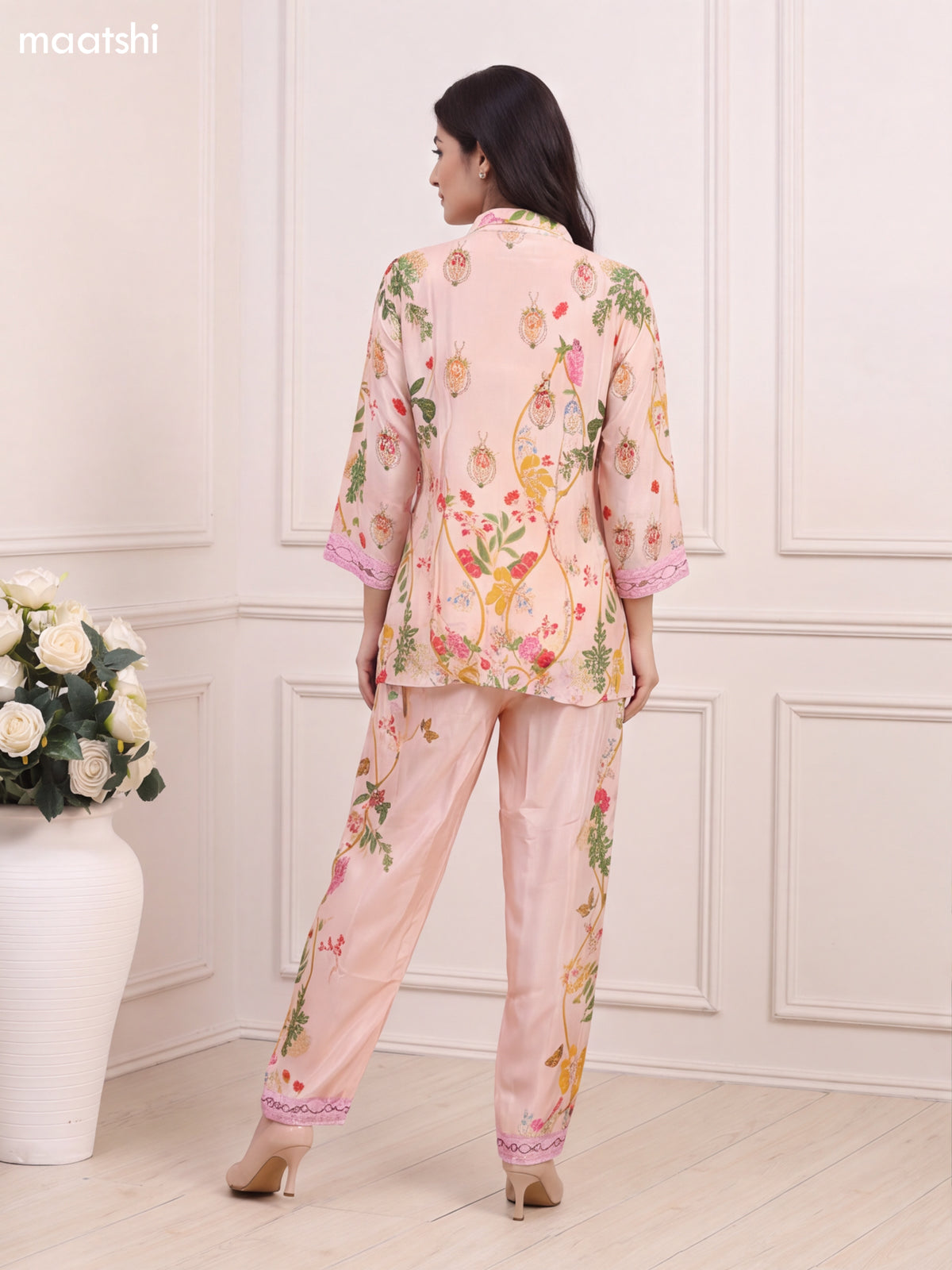 Cream and Multi Color Crepe Silk Floral Prints & Embroidery Work Short Co Ord Set