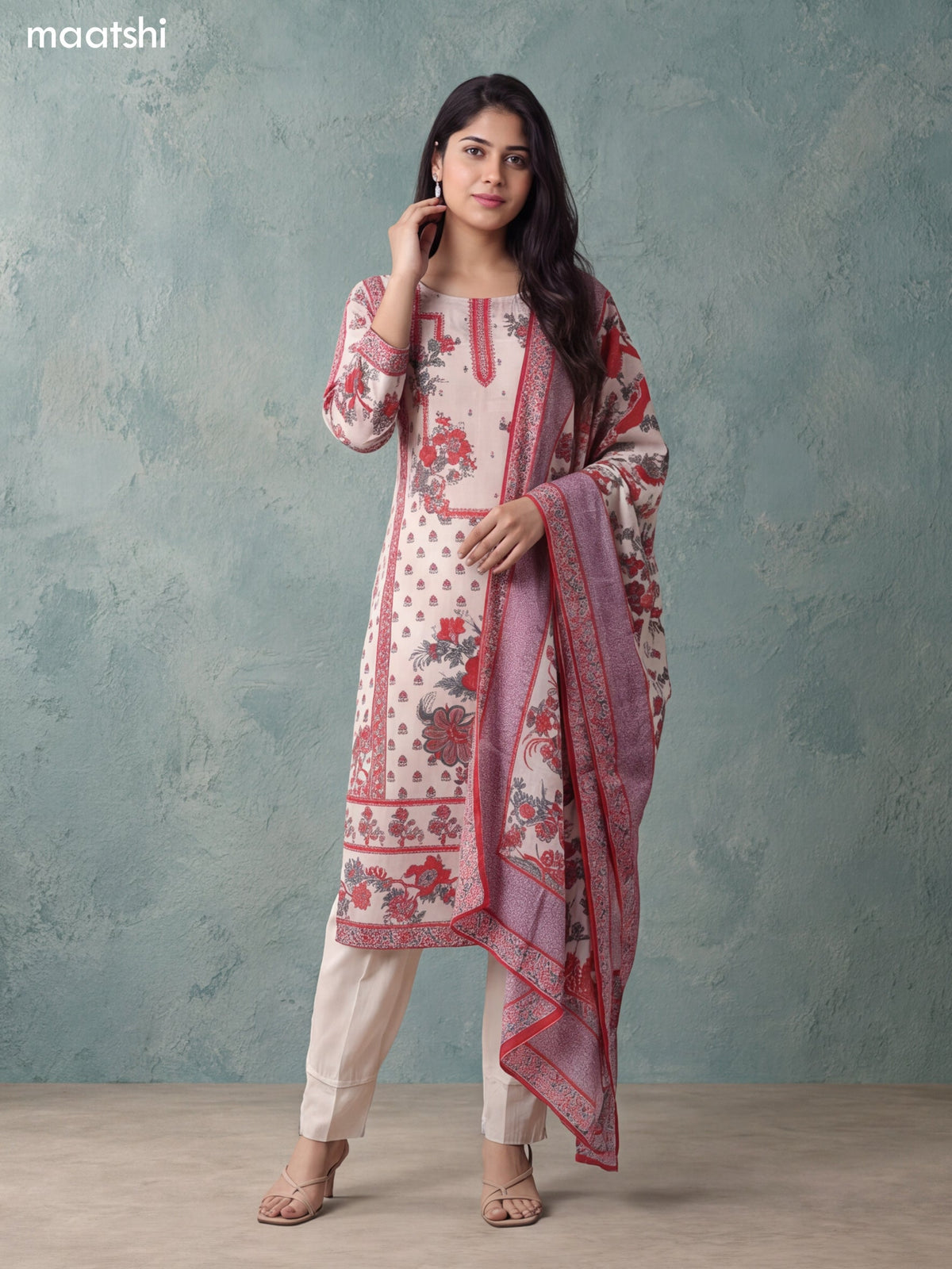 Cream and Red Crepe Silk Floral Printed & Embroidery Work Straight Suit
