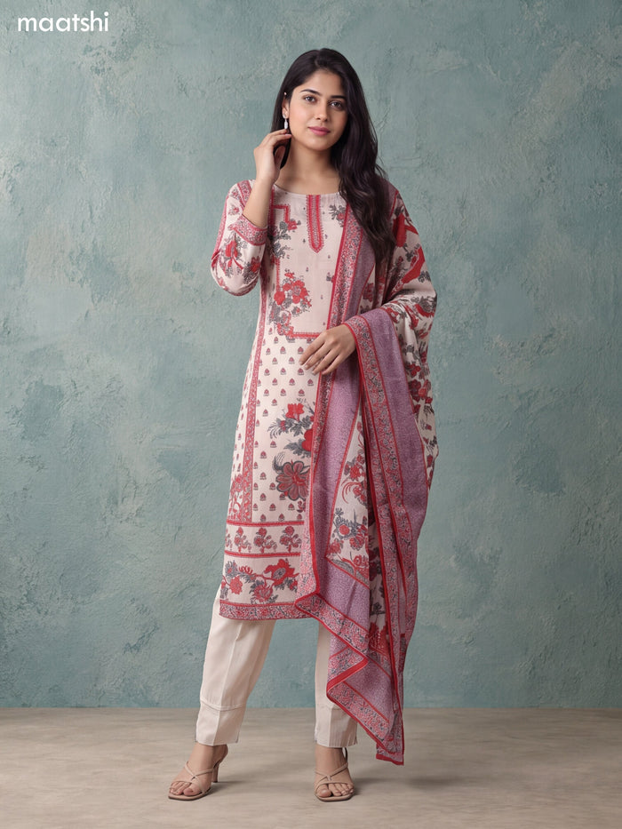 Cream and Red Crepe Silk Floral Printed & Embroidery Work Straight Suit