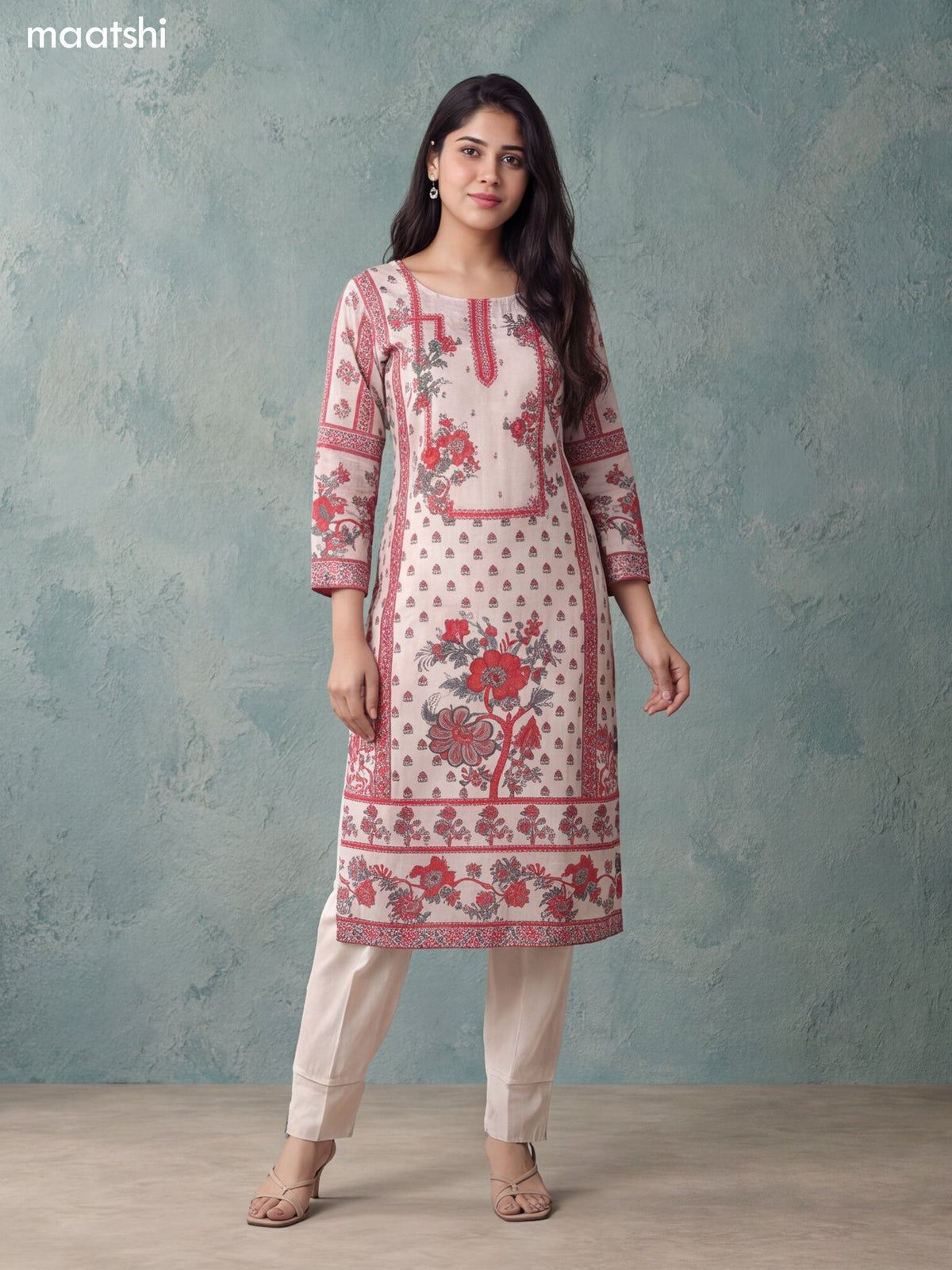 Cream and Red Crepe Silk Floral Printed & Embroidery Work Straight Suit