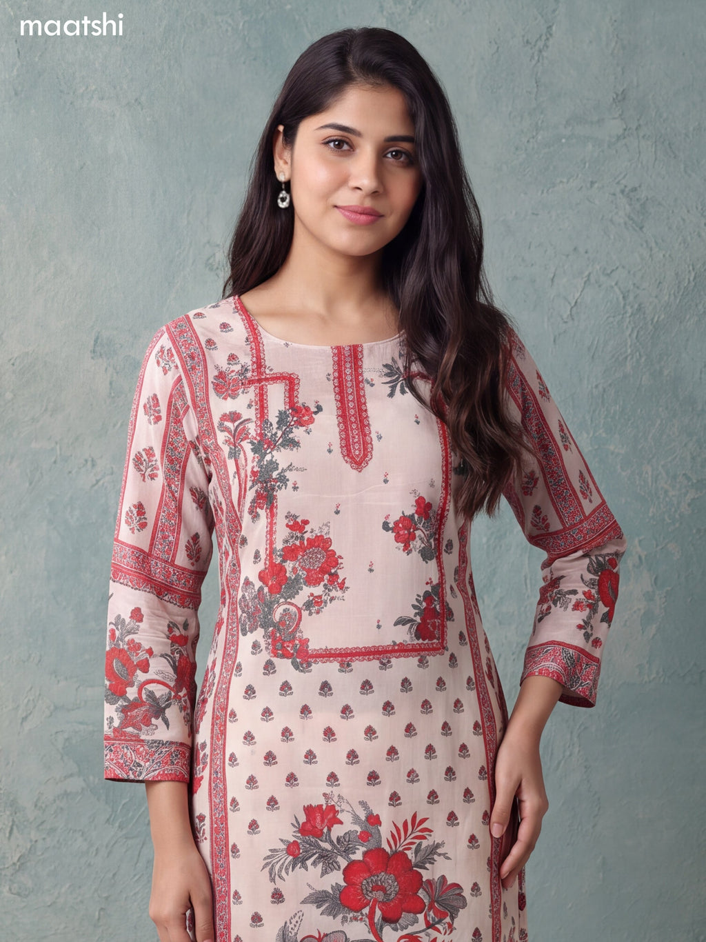 Cream and Red Crepe Silk Floral Printed & Embroidery Work Straight Suit