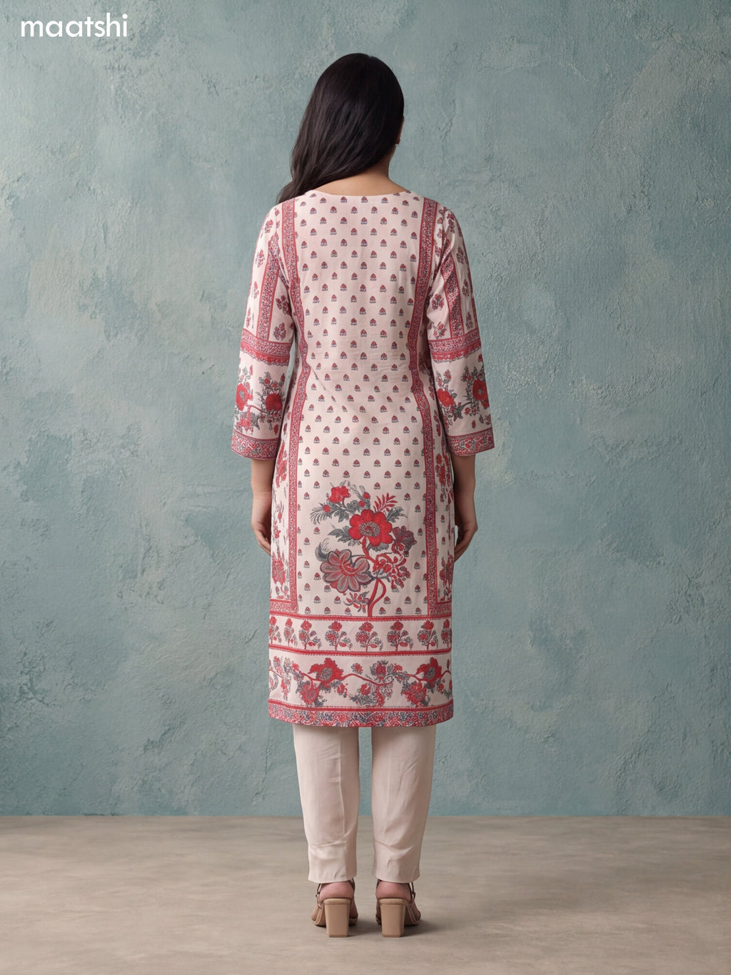Cream and Red Crepe Silk Floral Printed & Embroidery Work Straight Suit