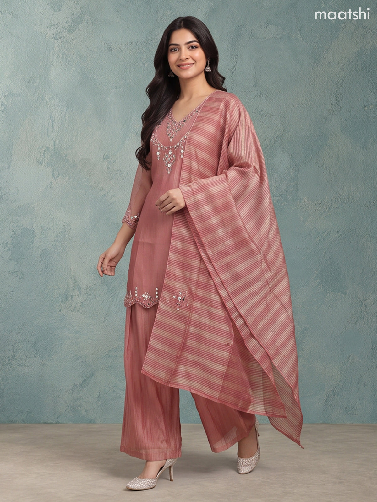 Dark Peach Tissue Mirror Embroidery Work Festive Wear Straight Suit