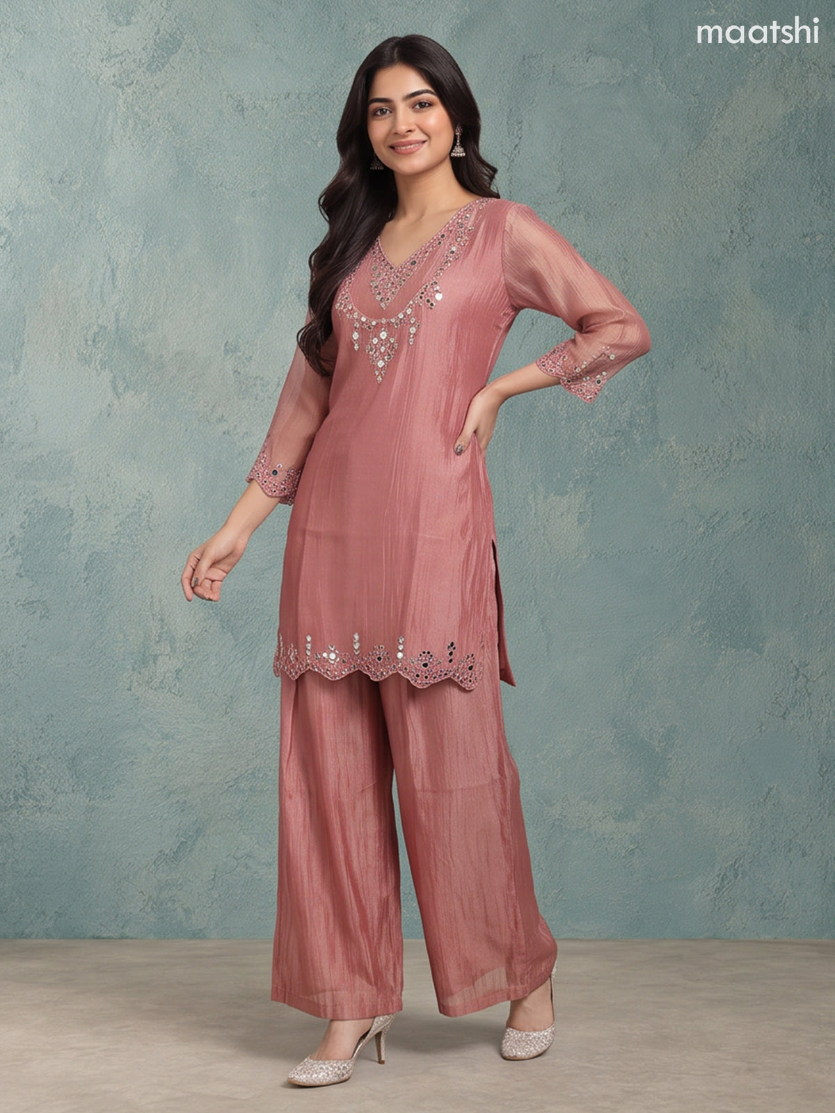 Dark Peach Tissue Mirror Embroidery Work Festive Wear Straight Suit