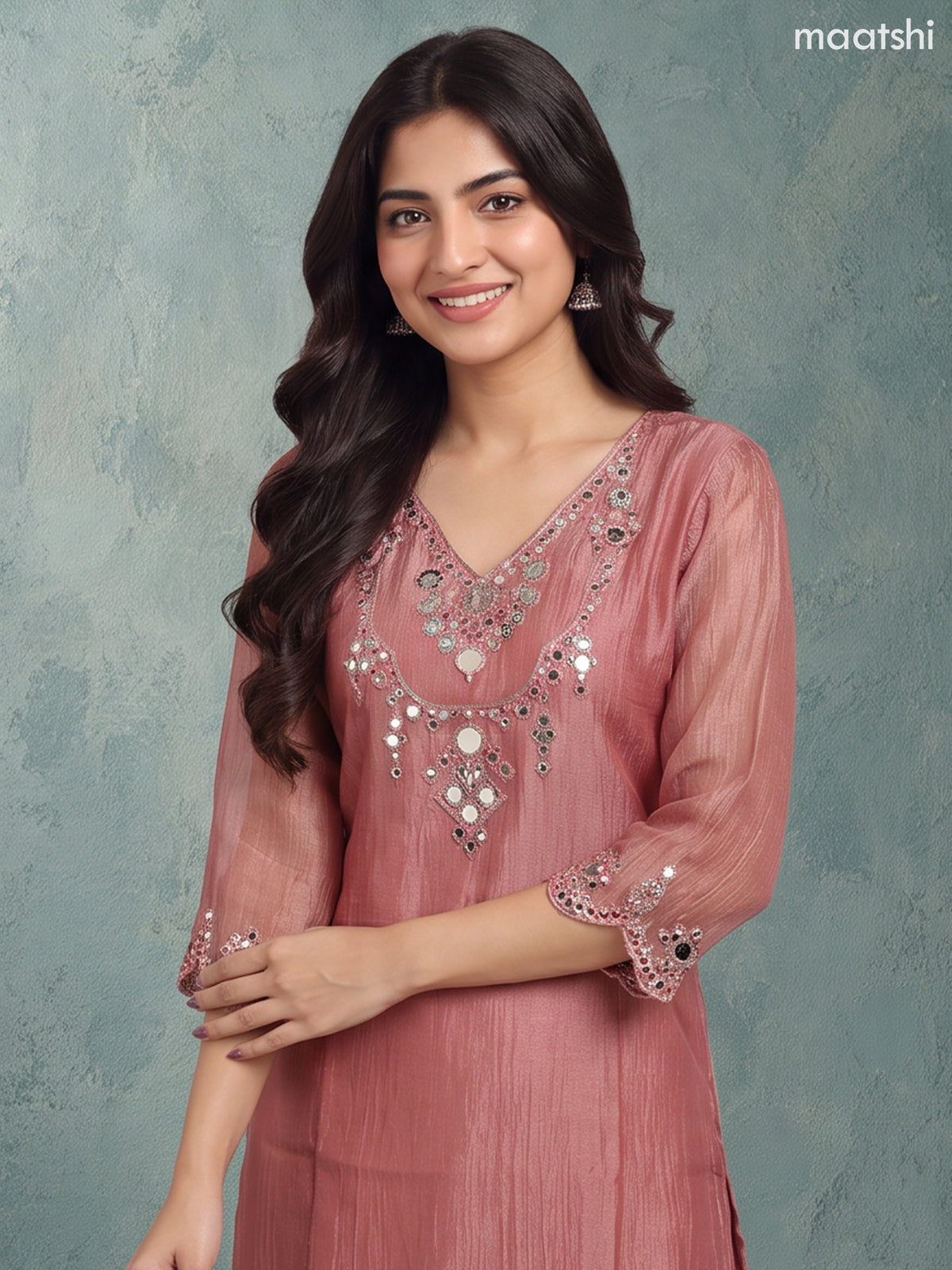 Dark Peach Tissue Mirror Embroidery Work Festive Wear Straight Suit