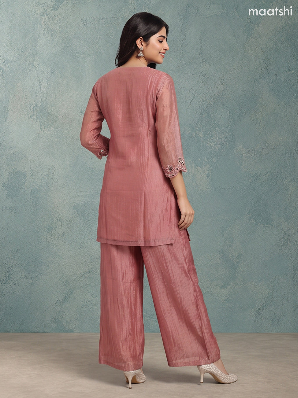 Dark Peach Tissue Mirror Embroidery Work Festive Wear Straight Suit