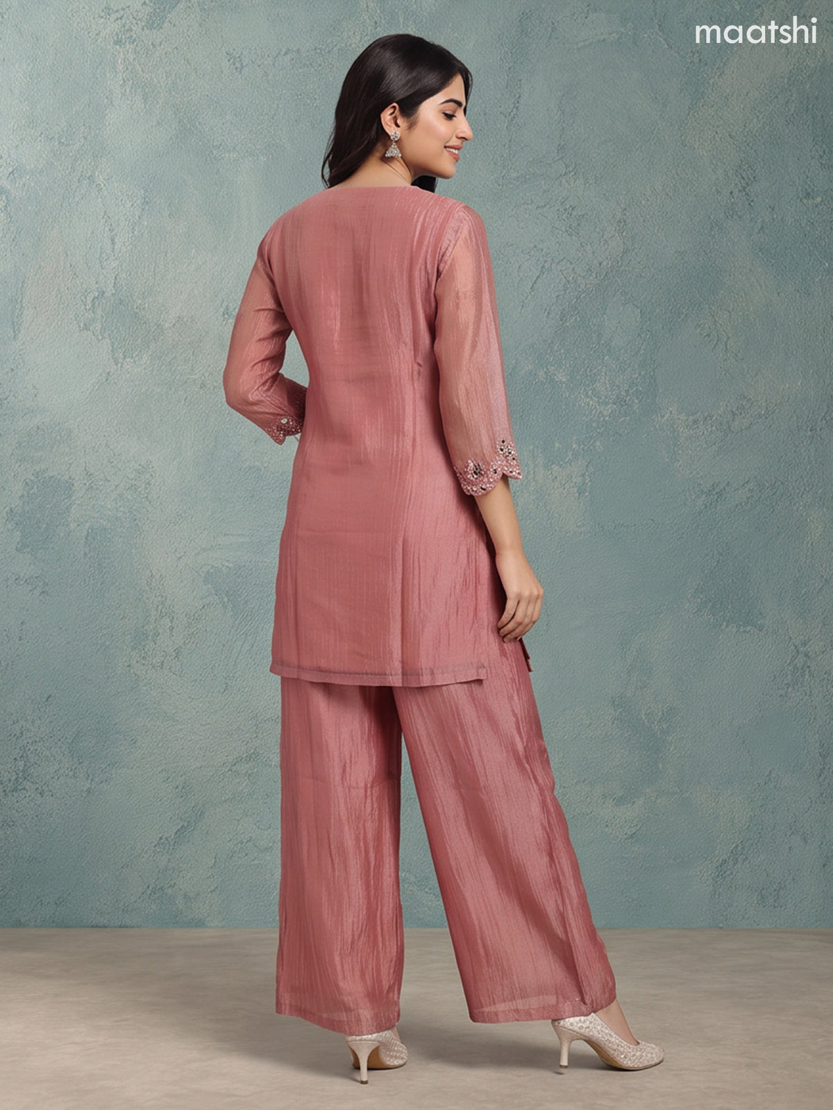 Dark Peach Tissue Mirror Embroidery Work Festive Wear Straight Suit
