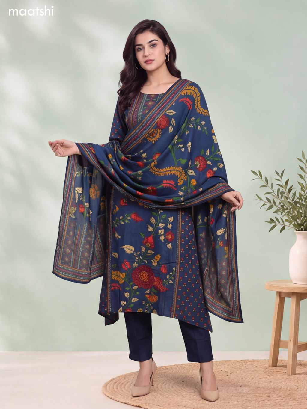 Peacock Blue and Multi Color Muslin Floral Printed & Embroidery Work A-Line Suit