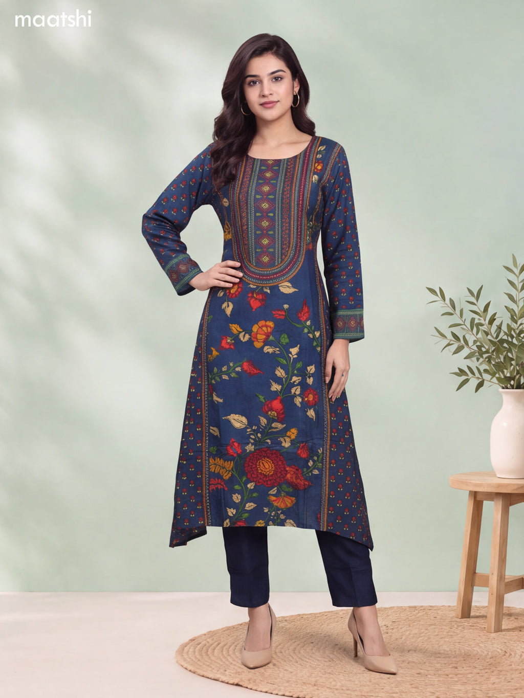 Peacock Blue and Multi Color Muslin Floral Printed & Embroidery Work A-Line Suit
