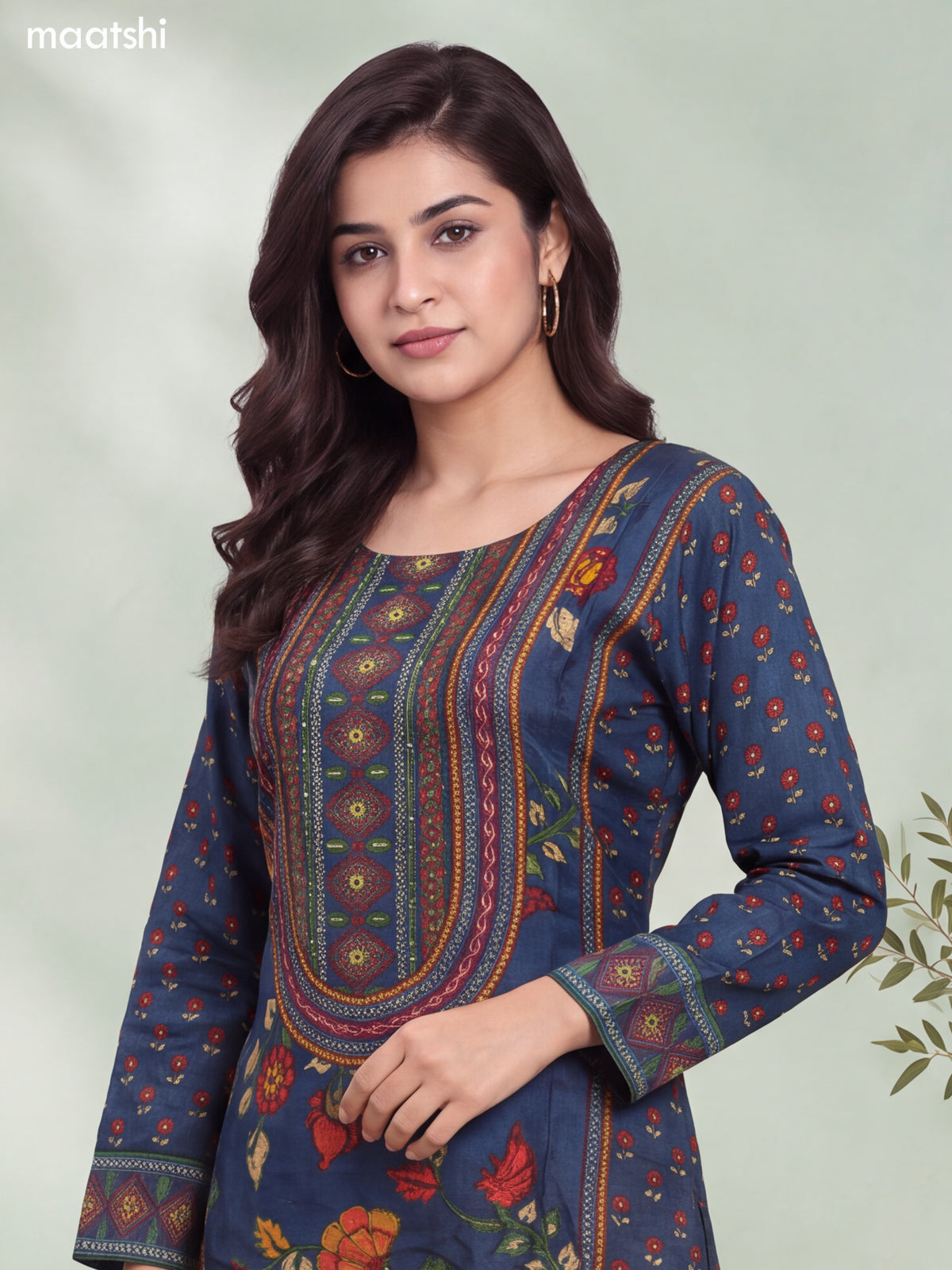 Peacock Blue and Multi Color Muslin Floral Printed & Embroidery Work A-Line Suit