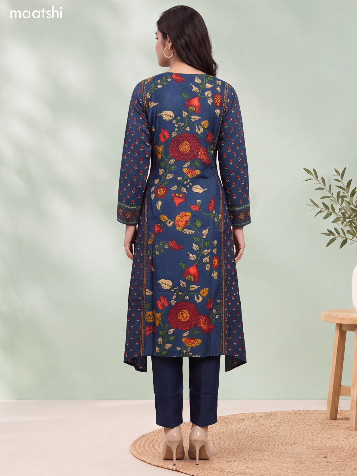Peacock Blue and Multi Color Muslin Floral Printed & Embroidery Work A-Line Suit