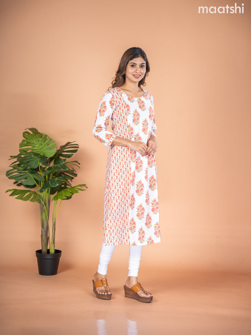 Cotton A-line kurti off white with allover floral butta prints & kantha stitch work neck pattern without pant