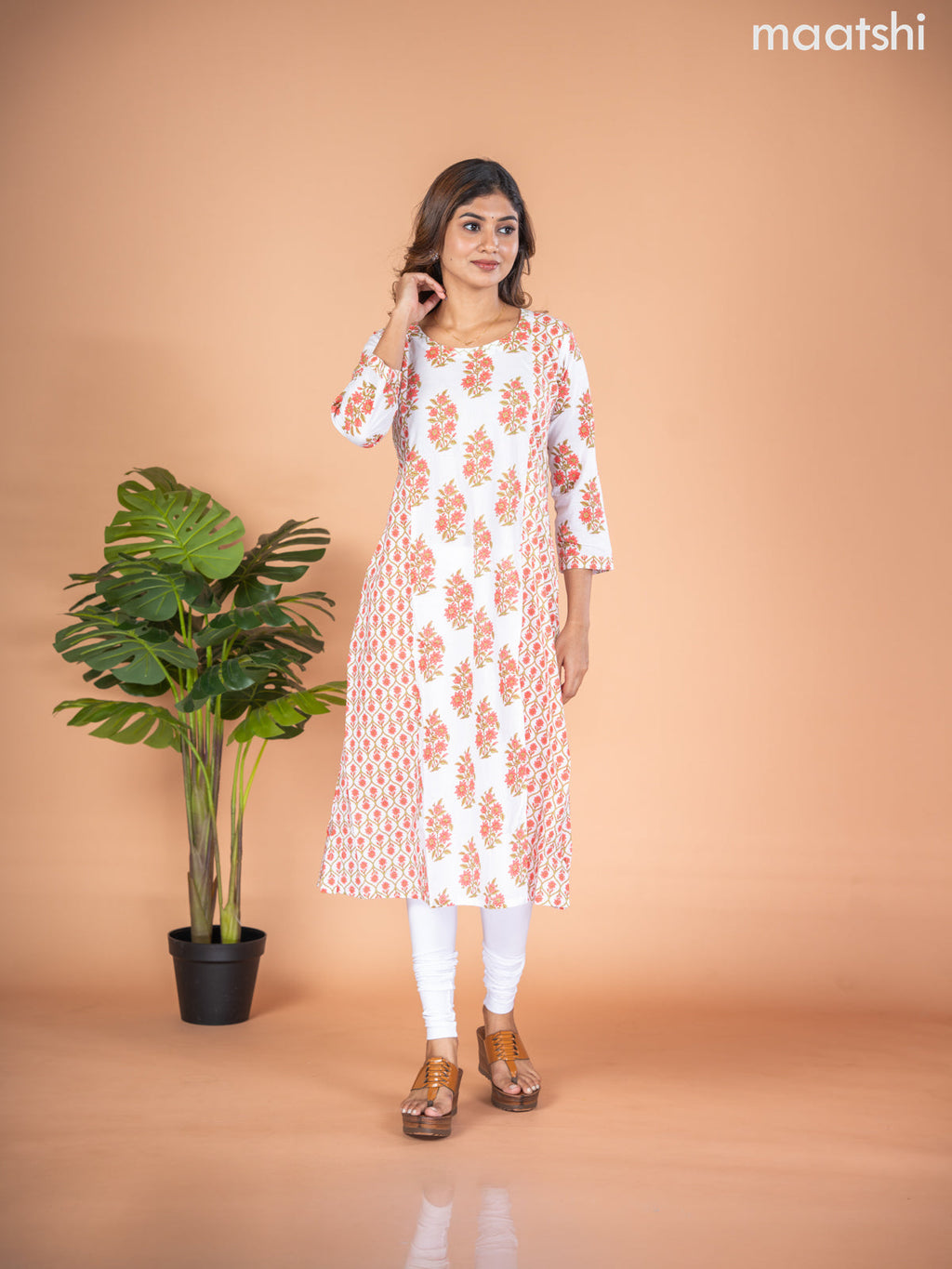 Cotton A-line kurti off white with allover floral butta prints & kantha stitch work neck pattern without pant