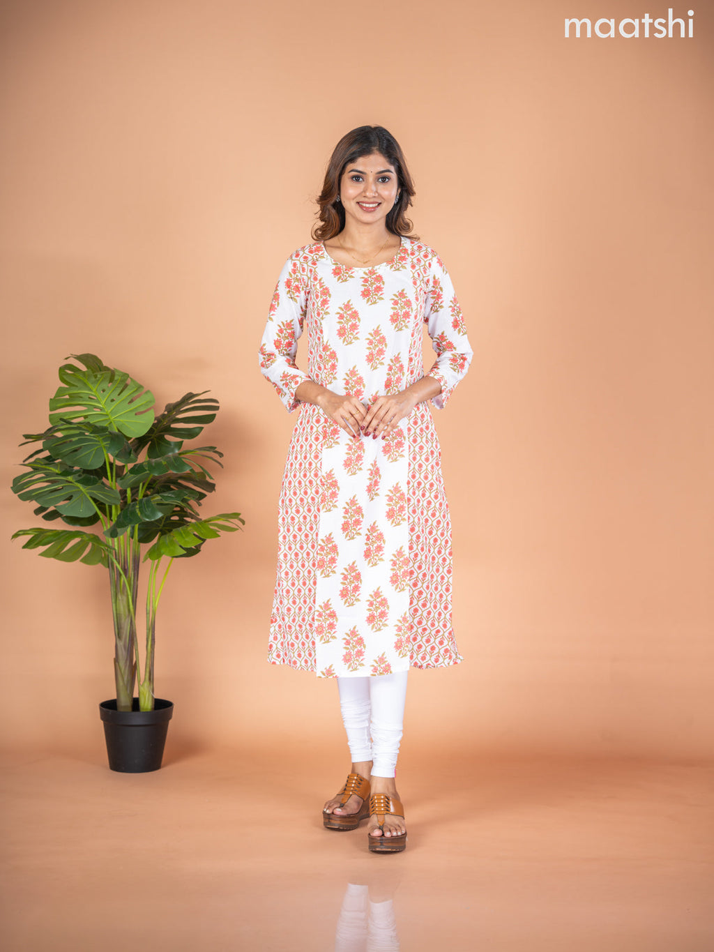 Cotton A-line kurti off white with allover floral butta prints & kantha stitch work neck pattern without pant