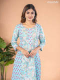 Cotton A-line kurti light blue and off white with allover paisley prints & kantha stitch work neck pattern without pant