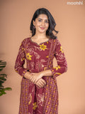 Cotton A-line kurti maroon with allover floral prints & kantha stitch work neck pattern without pant
