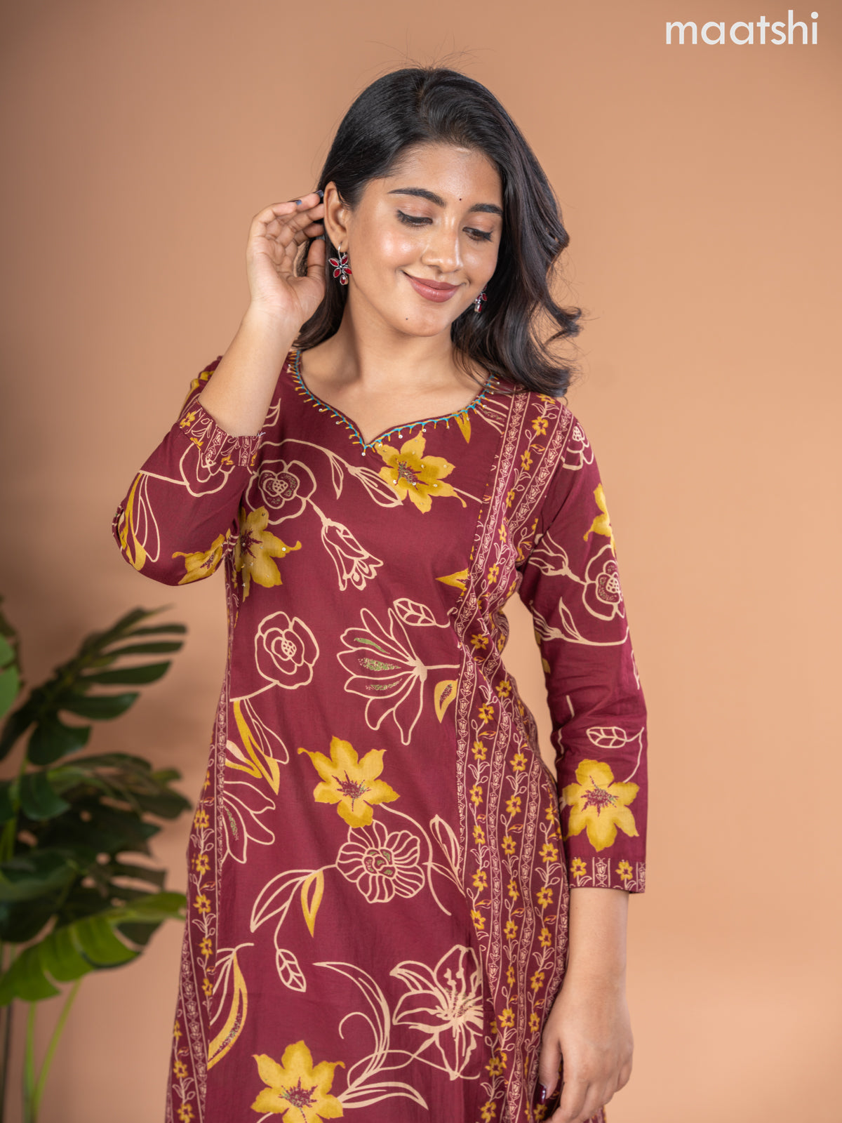 Cotton A-line kurti maroon with allover floral prints & kantha stitch work neck pattern without pant