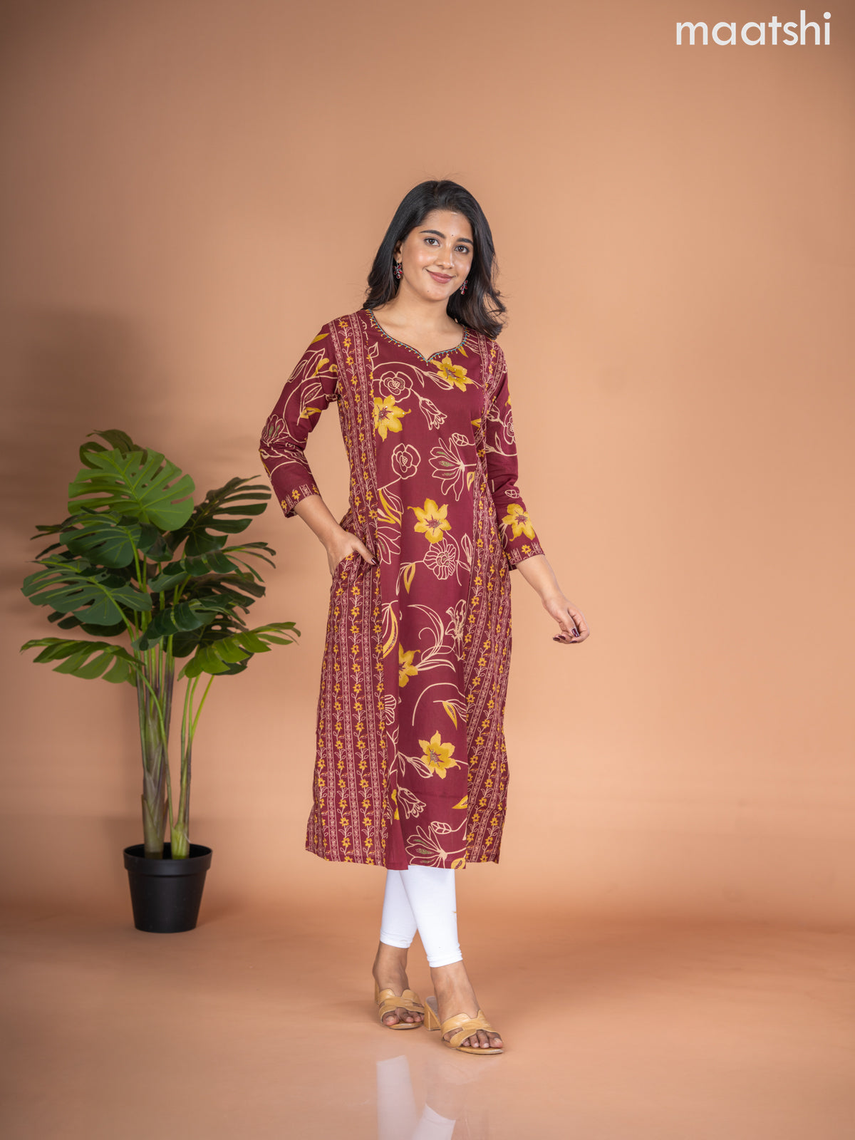 Cotton A-line kurti maroon with allover floral prints & kantha stitch work neck pattern without pant