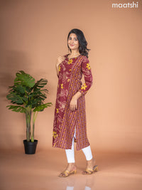 Cotton A-line kurti maroon with allover floral prints & kantha stitch work neck pattern without pant