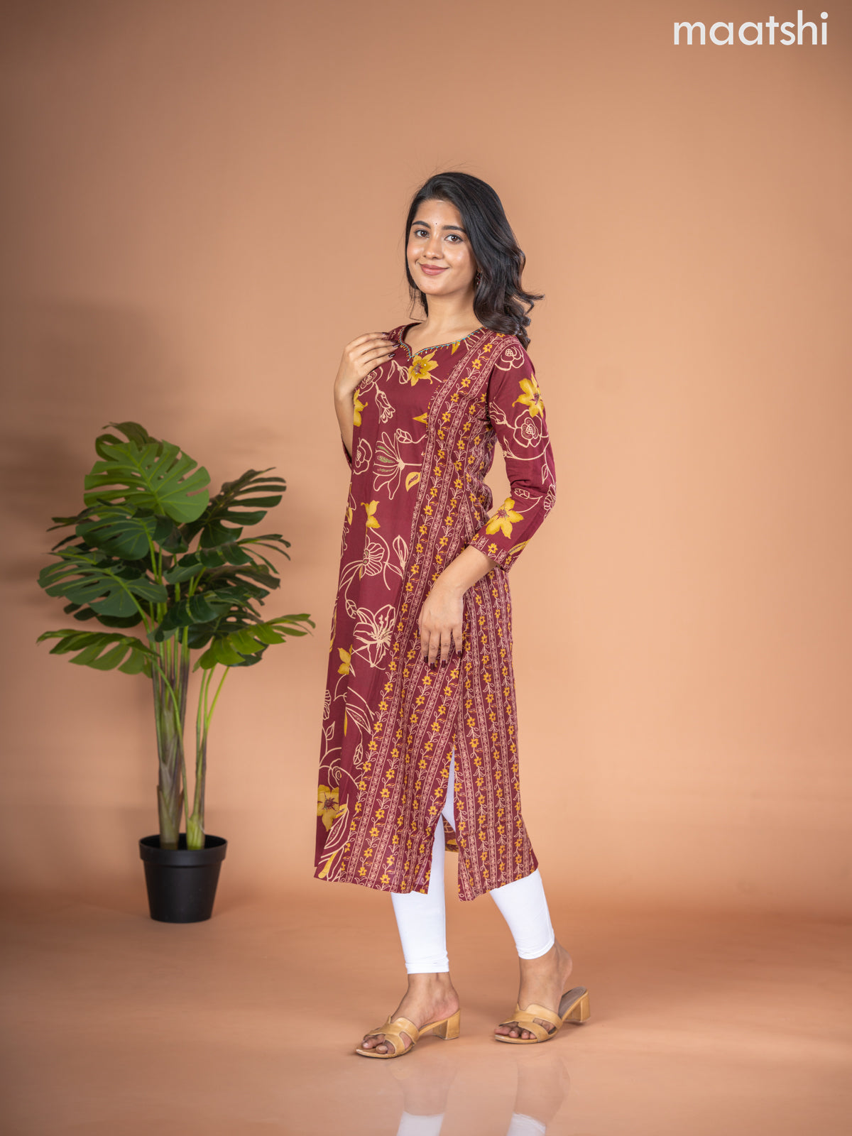 Cotton A-line kurti maroon with allover floral prints & kantha stitch work neck pattern without pant