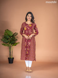 Cotton A-line kurti maroon with allover floral prints & kantha stitch work neck pattern without pant