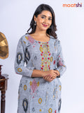 Cotton kurti set grey with allover ikat prints & embroidery work neck pattern and straight cut pant