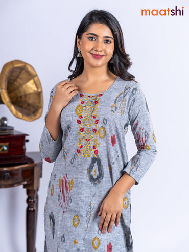 Cotton kurti set grey with allover ikat prints & embroidery work neck pattern and straight cut pant