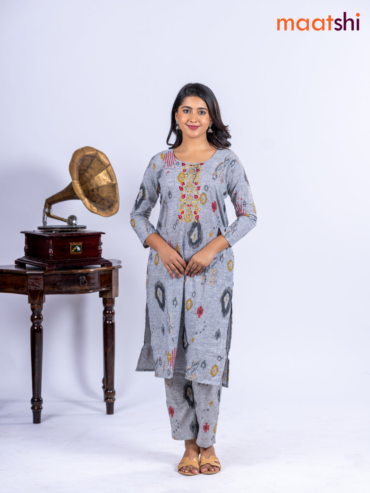 Cotton kurti set grey with allover ikat prints & embroidery work neck pattern and straight cut pant