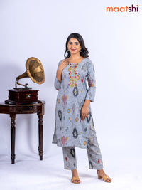 Cotton kurti set grey with allover ikat prints & embroidery work neck pattern and straight cut pant