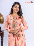 Cotton kurti set pale orange with allover ikat prints & embroidery work neck pattern and straight cut pant