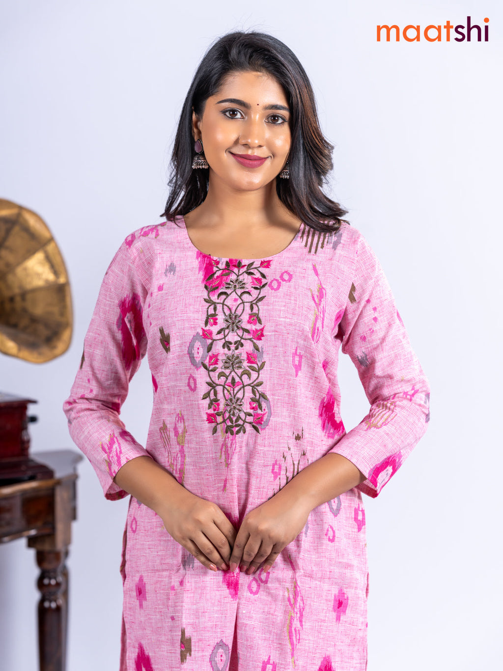 Cotton kurti set pink with allover ikat prints & embroidery work neck pattern and straight cut pant