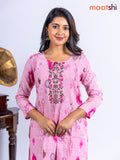 Cotton kurti set pink with allover ikat prints & embroidery work neck pattern and straight cut pant