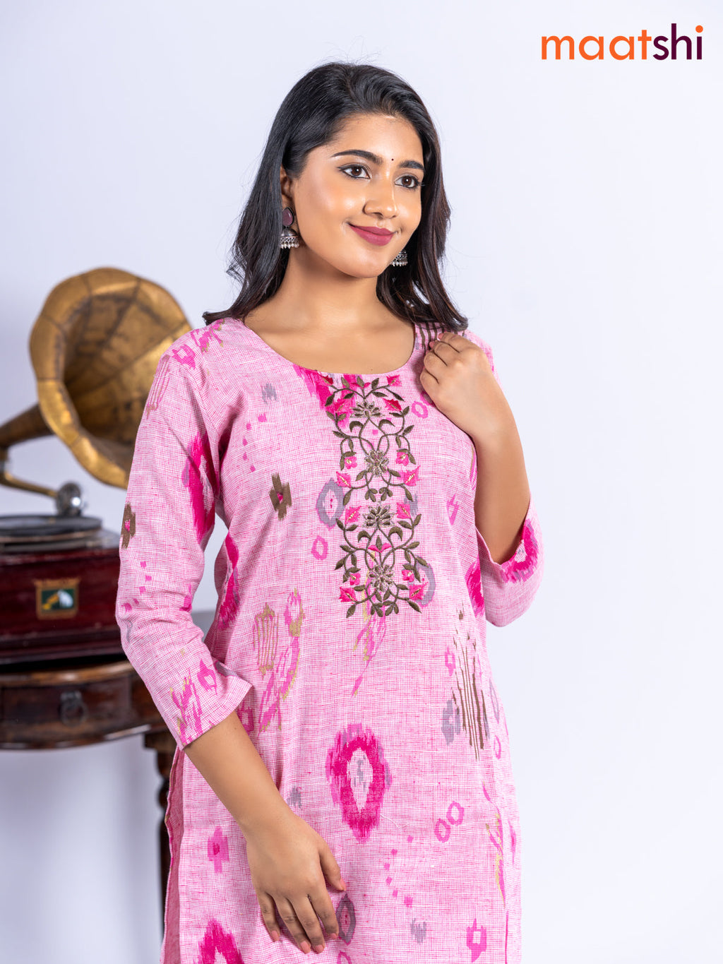 Cotton kurti set pink with allover ikat prints & embroidery work neck pattern and straight cut pant