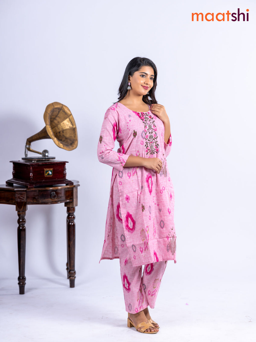 Cotton kurti set pink with allover ikat prints & embroidery work neck pattern and straight cut pant