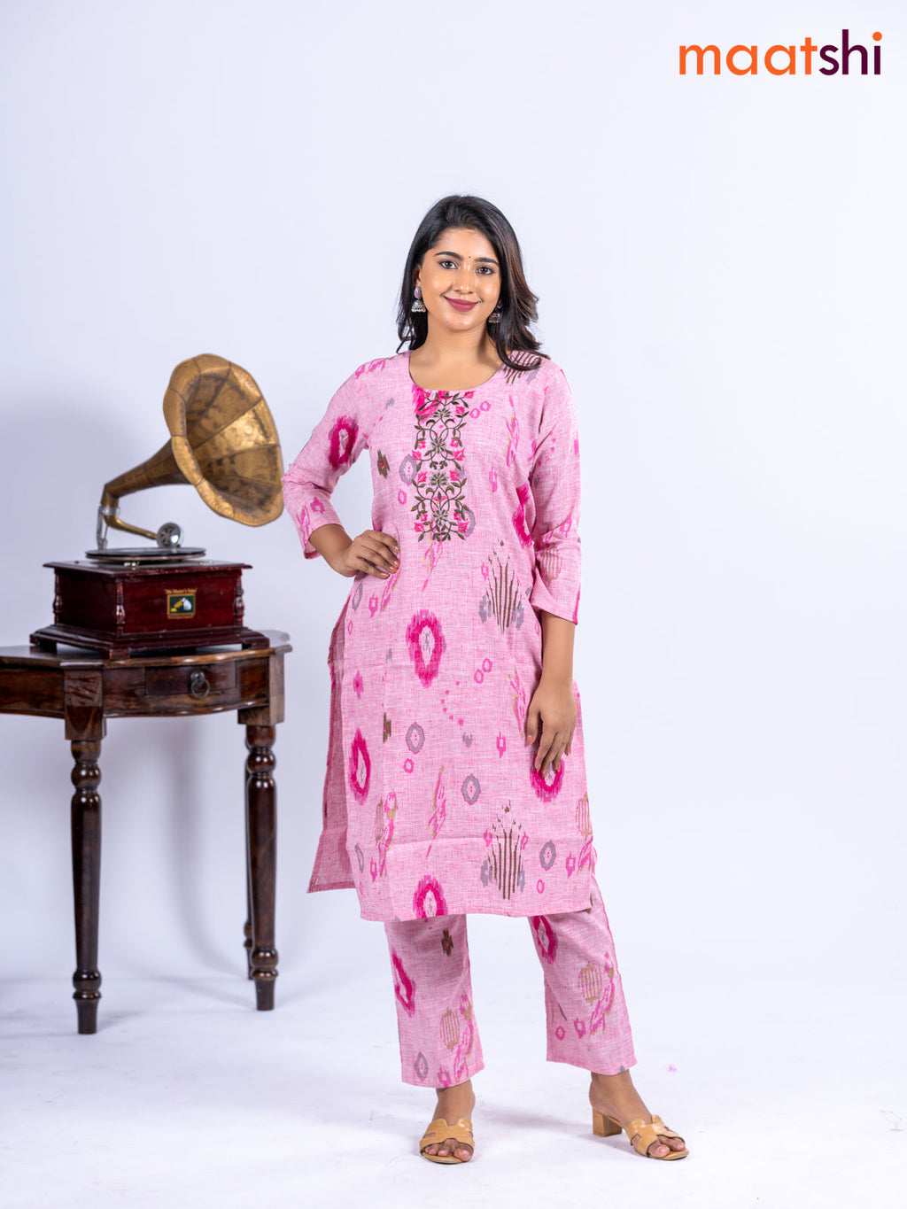 Cotton kurti set pink with allover ikat prints & embroidery work neck pattern and straight cut pant