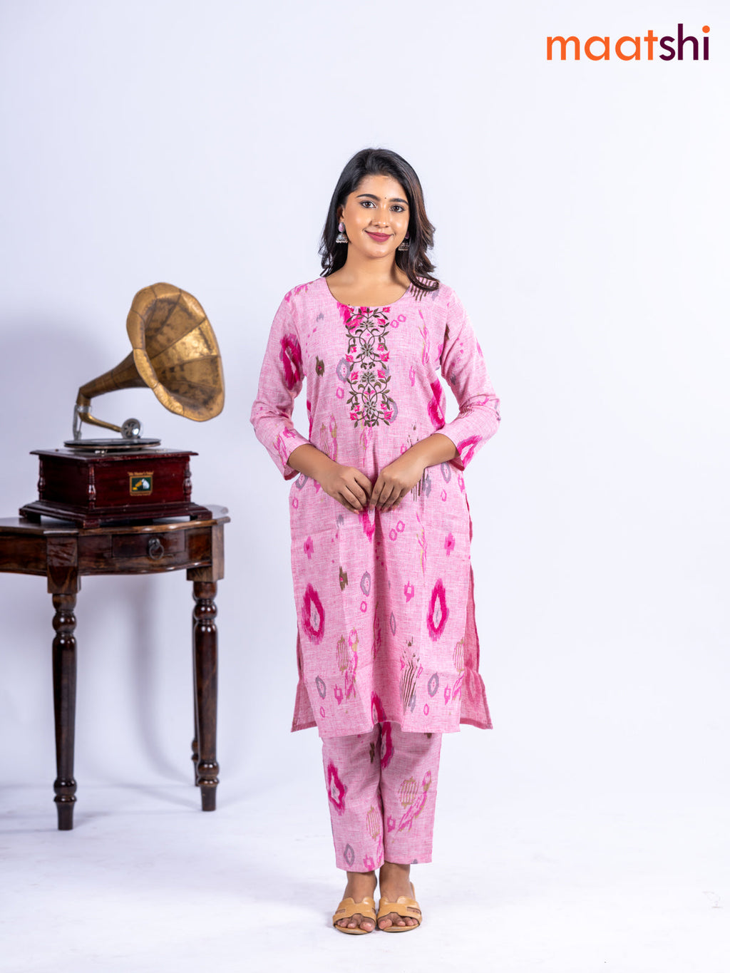 Cotton kurti set pink with allover ikat prints & embroidery work neck pattern and straight cut pant