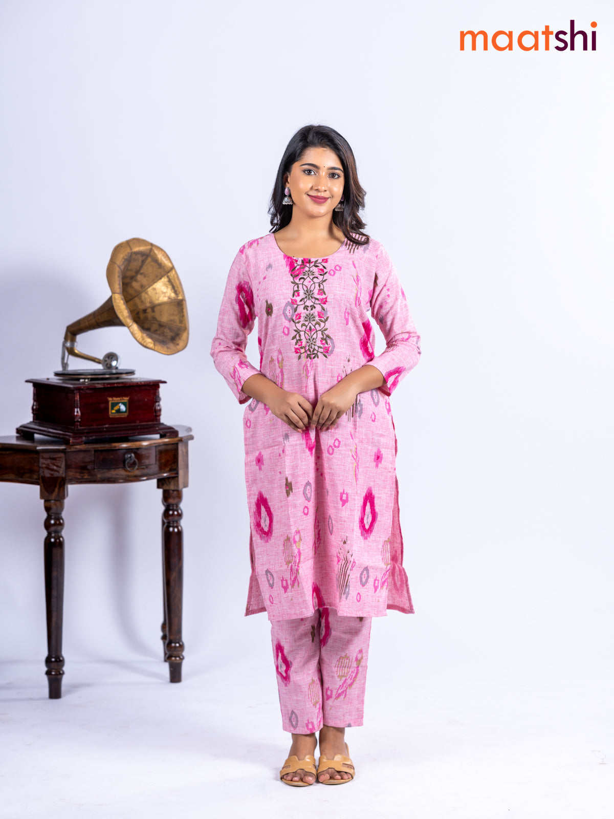 Cotton kurti set pink with allover ikat prints & embroidery work neck pattern and straight cut pant