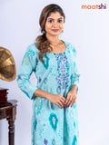 Cotton kurti set teal blue with allover ikat prints & embroidery work neck pattern and straight cut pant