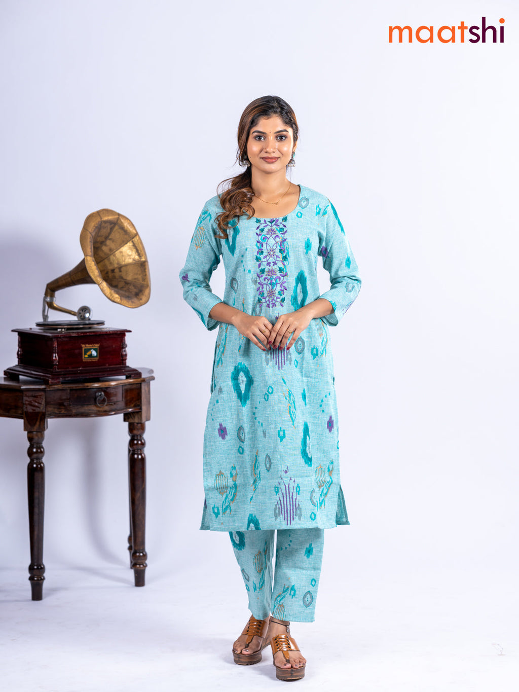 Cotton kurti set teal blue with allover ikat prints & embroidery work neck pattern and straight cut pant