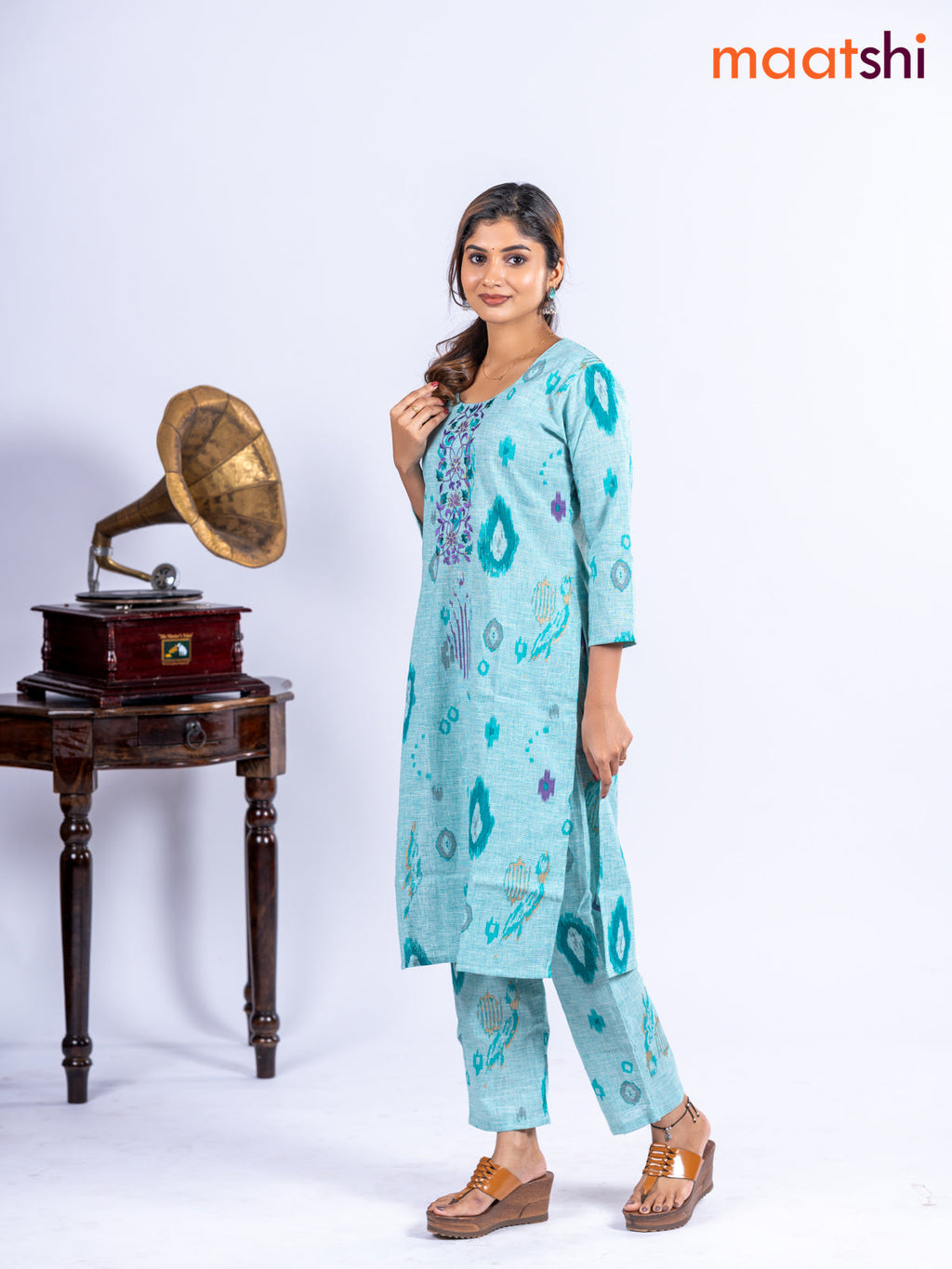 Cotton kurti set teal blue with allover ikat prints & embroidery work neck pattern and straight cut pant