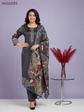 Crepe salwar suit elephant grey with kalamkari prints & sequin zardosi work neck pattern and straight cut pant & dupatta