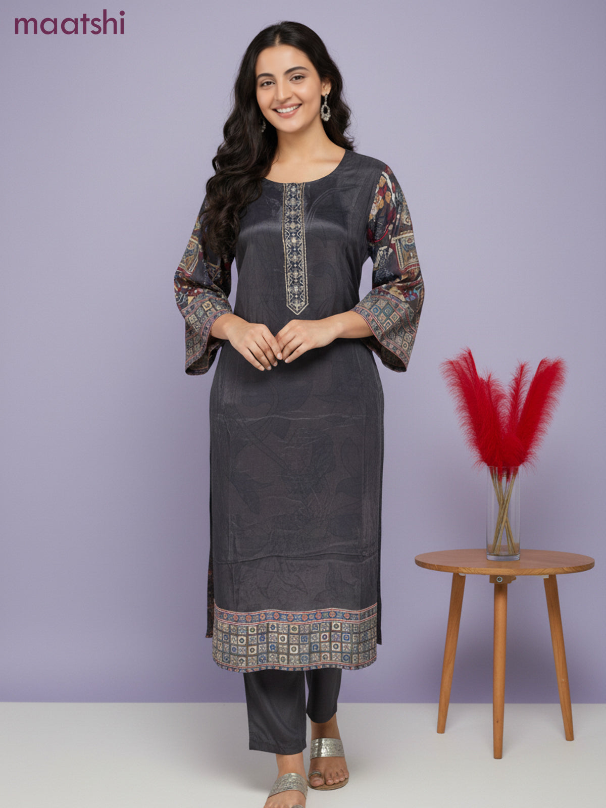 Crepe salwar suit elephant grey with kalamkari prints & sequin zardosi work neck pattern and straight cut pant & dupatta