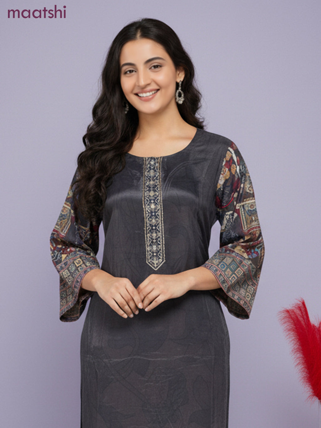 Crepe salwar suit elephant grey with kalamkari prints & sequin zardosi work neck pattern and straight cut pant & dupatta