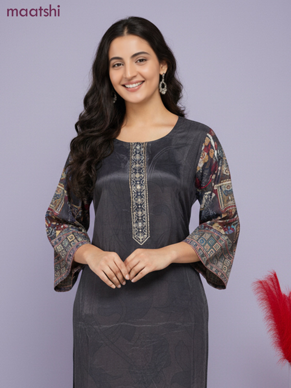 Crepe salwar suit elephant grey with kalamkari prints & sequin zardosi work neck pattern and straight cut pant & dupatta