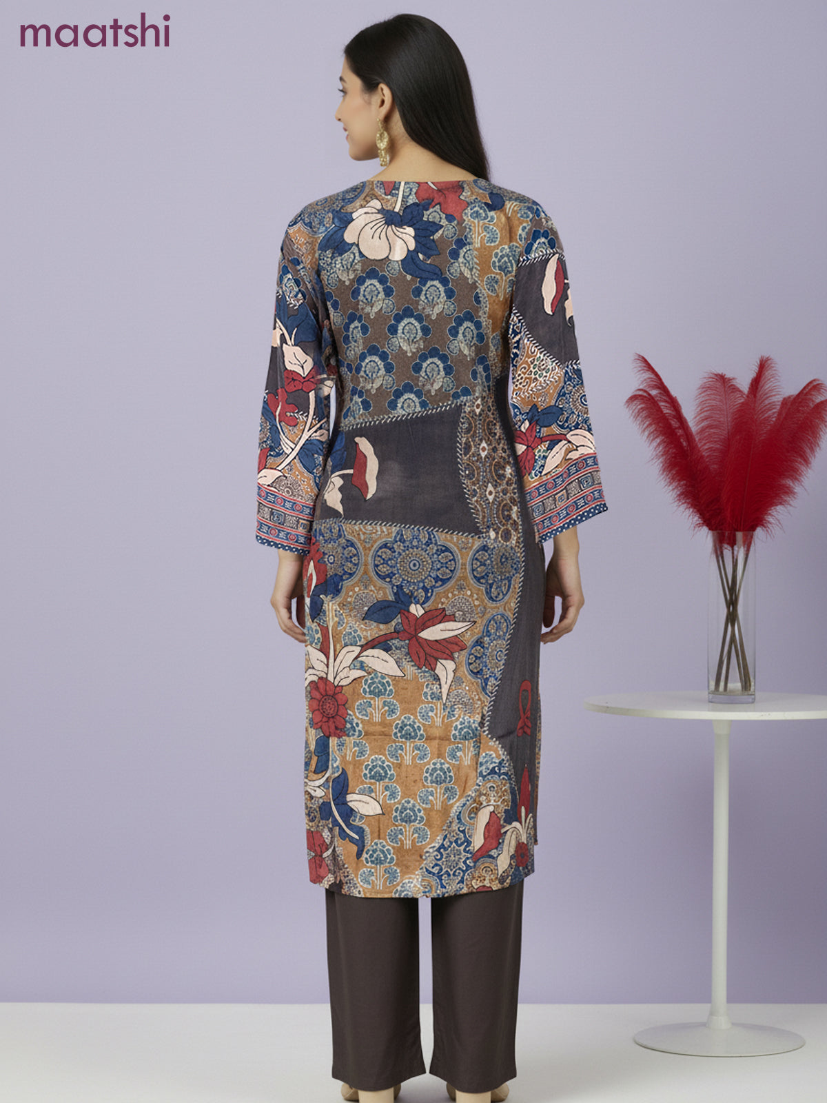 Crepe salwar suit elephant grey with kalamkari prints & sequin zardosi work neck pattern and straight cut pant & dupatta